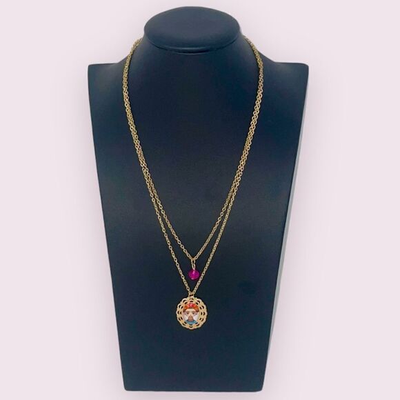 Frida Kahlo Portrait Gold Layered Pink Crystal Necklace - Picture 1 of 6
